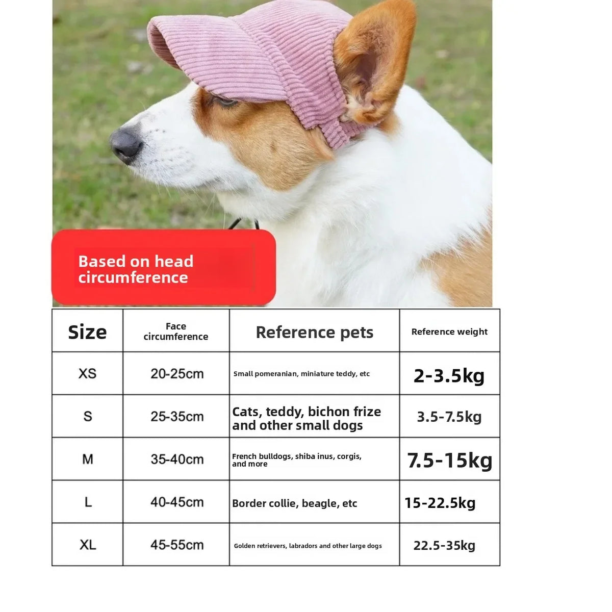 A white and brown dog wearing a pink baseball cap, shown in profile.