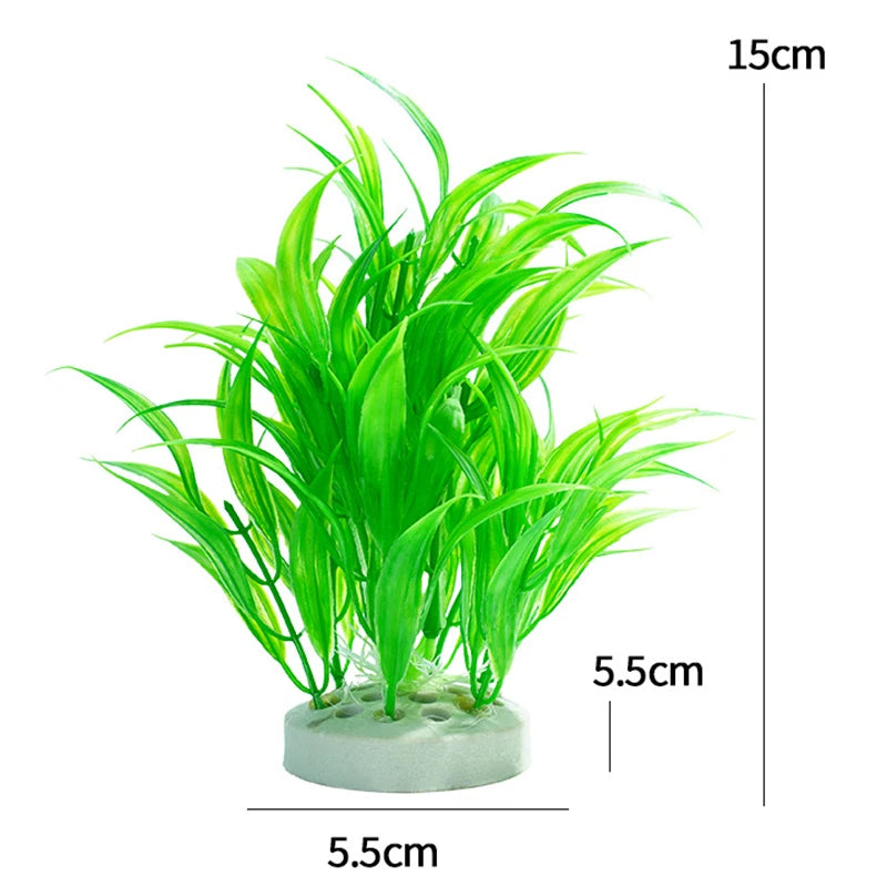 Arrangement de plantes aquatiques artificielles vert vif dans un petit pot, mesurant 15 cm de haut.