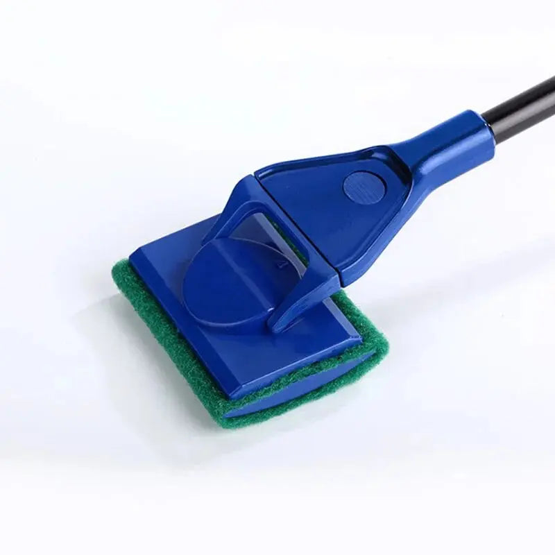 A blue aquarium cleaning tool set with a handle and a green cleaning pad.