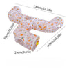 Pink foldable cat play tunnel for indoor exercise with various patterns and sizes.