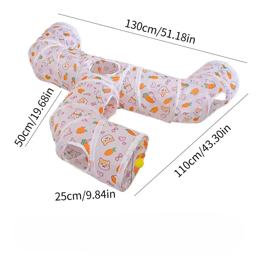 Pink foldable cat play tunnel for indoor exercise with various patterns and sizes.