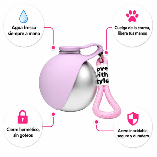 A pink and silver portable stainless steel pet water cup with a silicone leash.