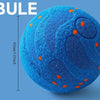 A blue, textured smart pet ball with orange accents is shown against a light blue background.