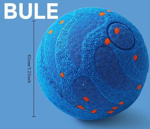 A blue, textured smart pet ball with orange accents is shown against a light blue background.