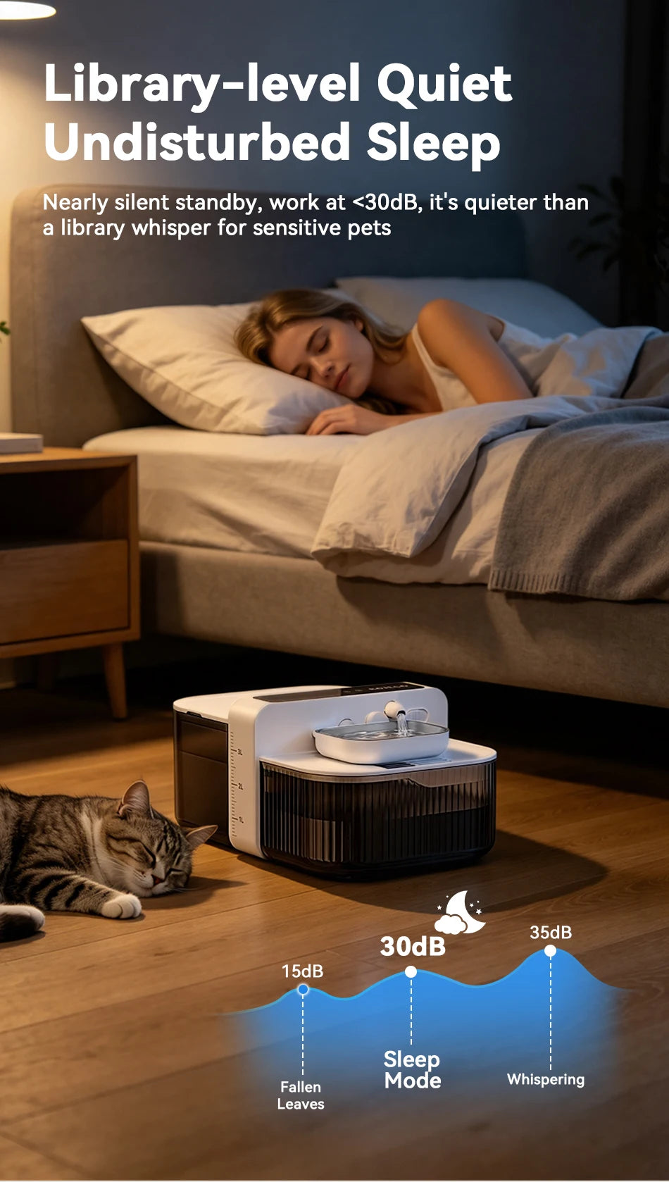 A pet water fountain device is shown on a wooden floor next to a person sleeping in bed.