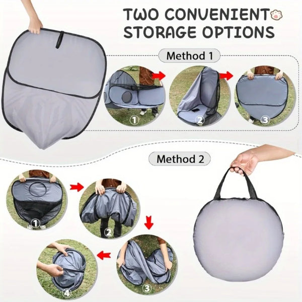 Two methods shown for storing a foldable cat and small dog play tent with tunnel.