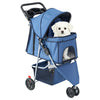 A blue 3-wheel foldable pet stroller carrying a white dog with mesh windows.