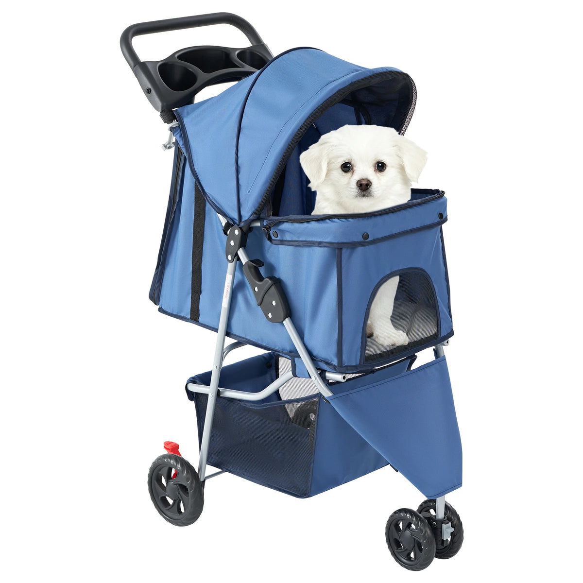 A blue 3-wheel foldable pet stroller carrying a white dog with mesh windows.