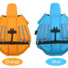 Orange and blue adjustable dog life jackets shown side by side with rescue handles