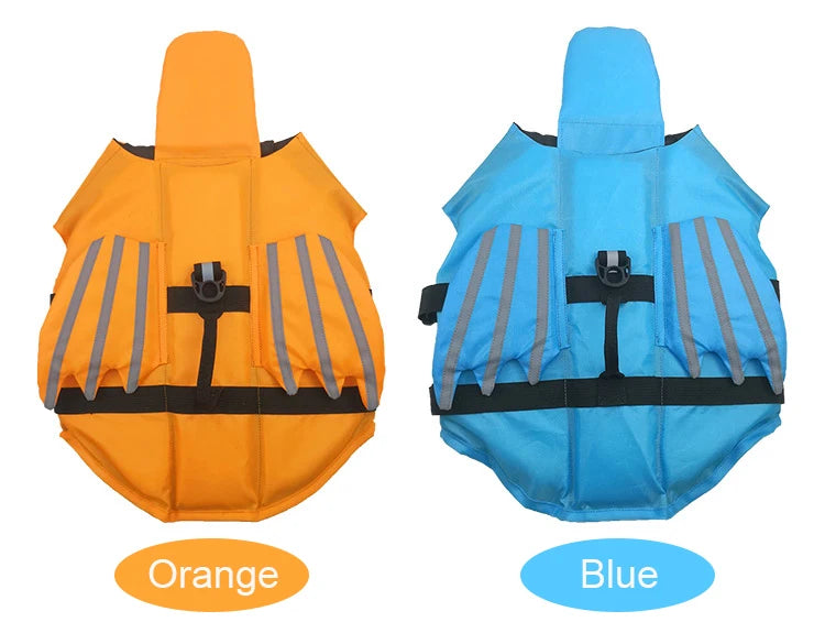 Orange and blue adjustable dog life jackets shown side by side with rescue handles