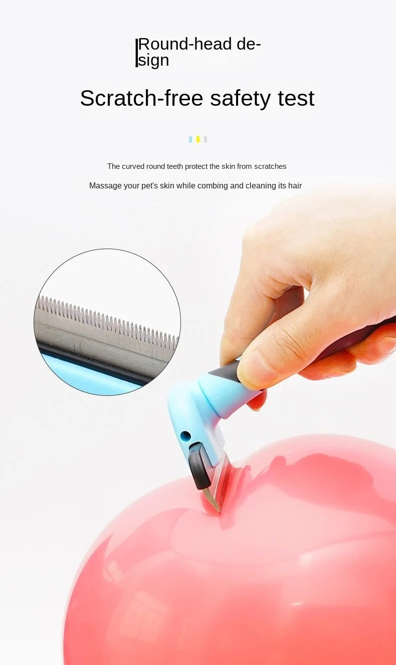 A hand uses a round-head grooming tool to comb pet hair from a pink object.