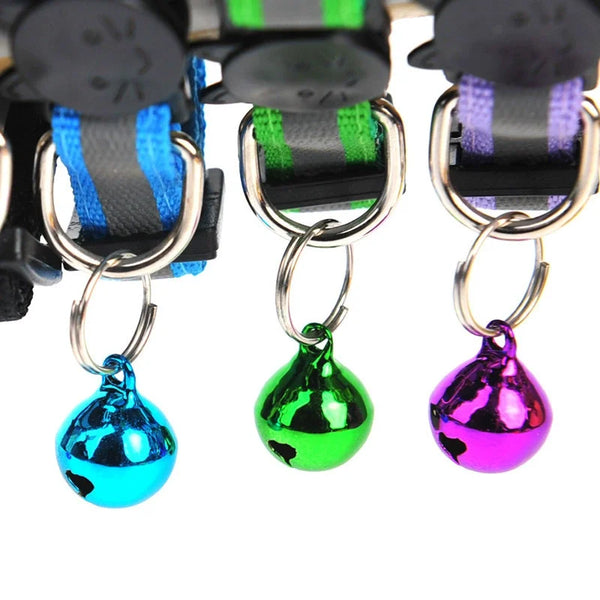 A reflective pet collar featuring adjustable head buckles and colorful, shiny pendant charms.
