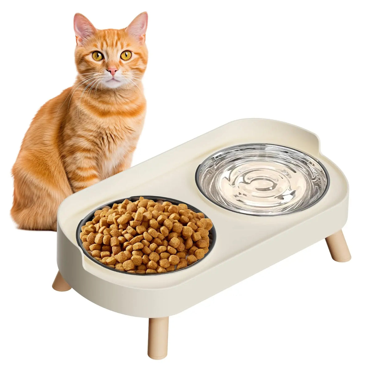 An orange tabby cat sits next to an elevated feeding tray containing dry food and a metal water bowl.