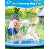 A person is playing with a dog in a blue splash pad filled with water and foam.