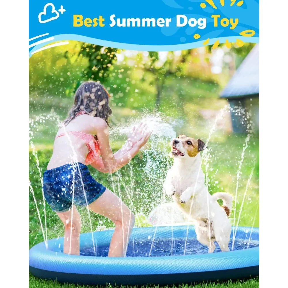 A person is playing with a dog in a blue splash pad filled with water and foam.