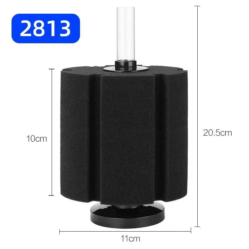Black biochemical sponge filter for aquarium with a clear tube and measurement markings.