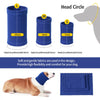 Cache-oreilles ou bandeaux en tissu doux bleu pour animaux, montrés à côté d'un chien et d'un produit plié.