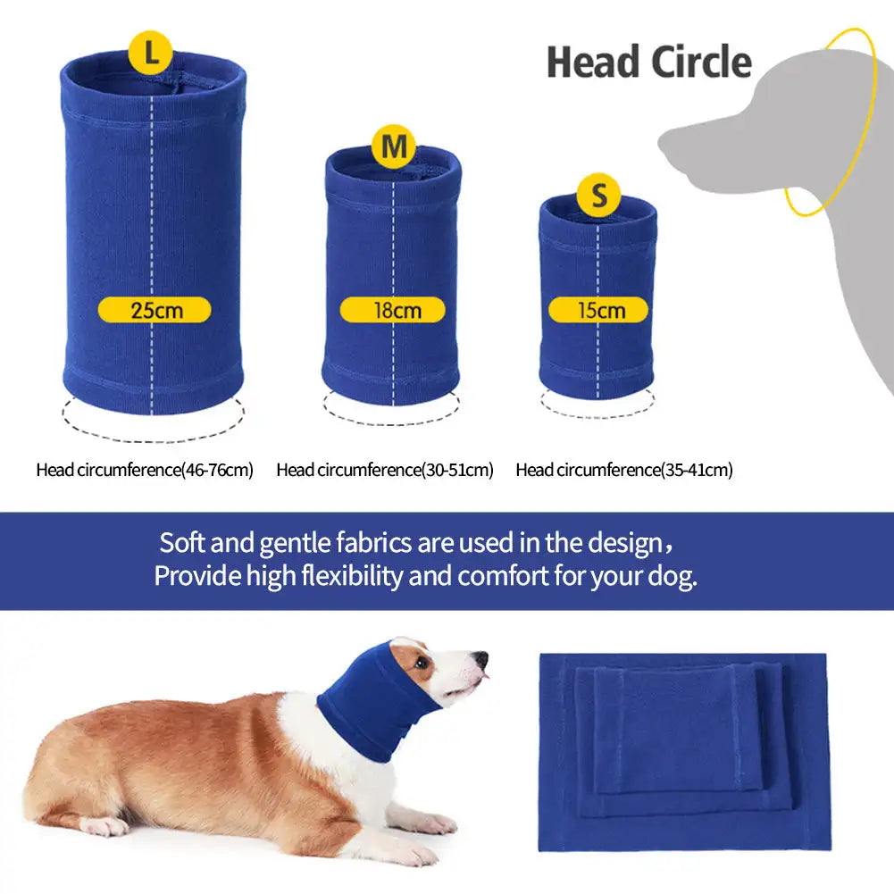 Cache-oreilles ou bandeaux en tissu doux bleu pour animaux, montrés à côté d'un chien et d'un produit plié.