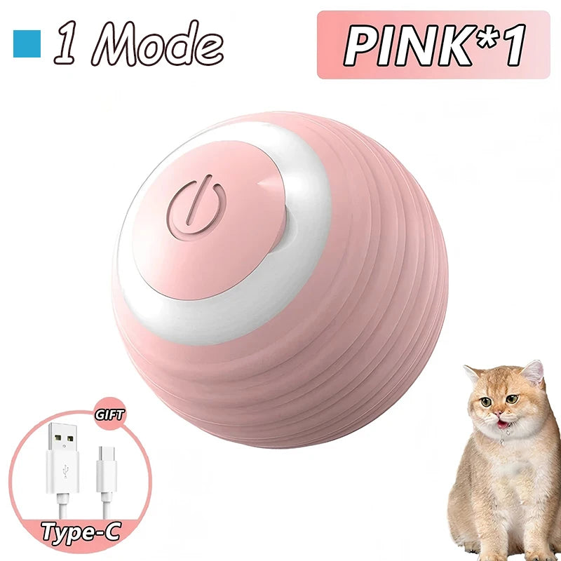 Pink automatic interactive cat toy ball with a switch and Type-C charging cable
