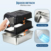 A black pet grooming tool is shown cleaning a stainless steel litter box, highlighting zero dead angle and a non-stick surfac