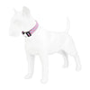 A white dog figure wearing a pink and black checker pattern nylon collar.