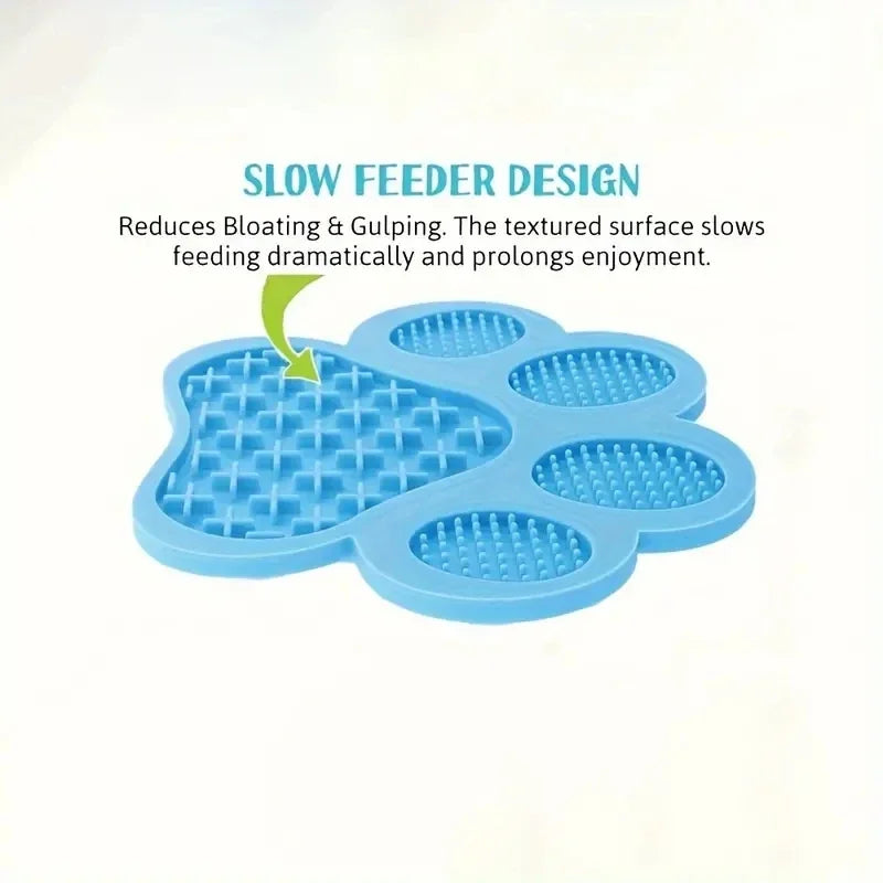 Blue silicone pet licking mat with textured surface for slow feeding