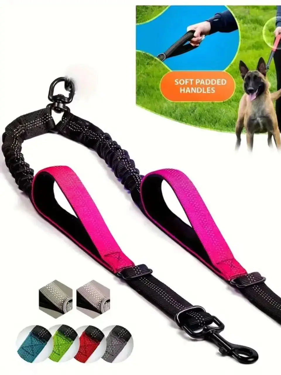 Black and pink dual dog leash coupler with soft padded handles and bungee shock absorber