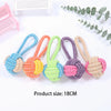A collection of colorful, braided cotton rope dog chew toys for teeth cleaning.