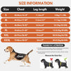 Size information chart and example of a dog wearing a chest recovery suit for leg wounds