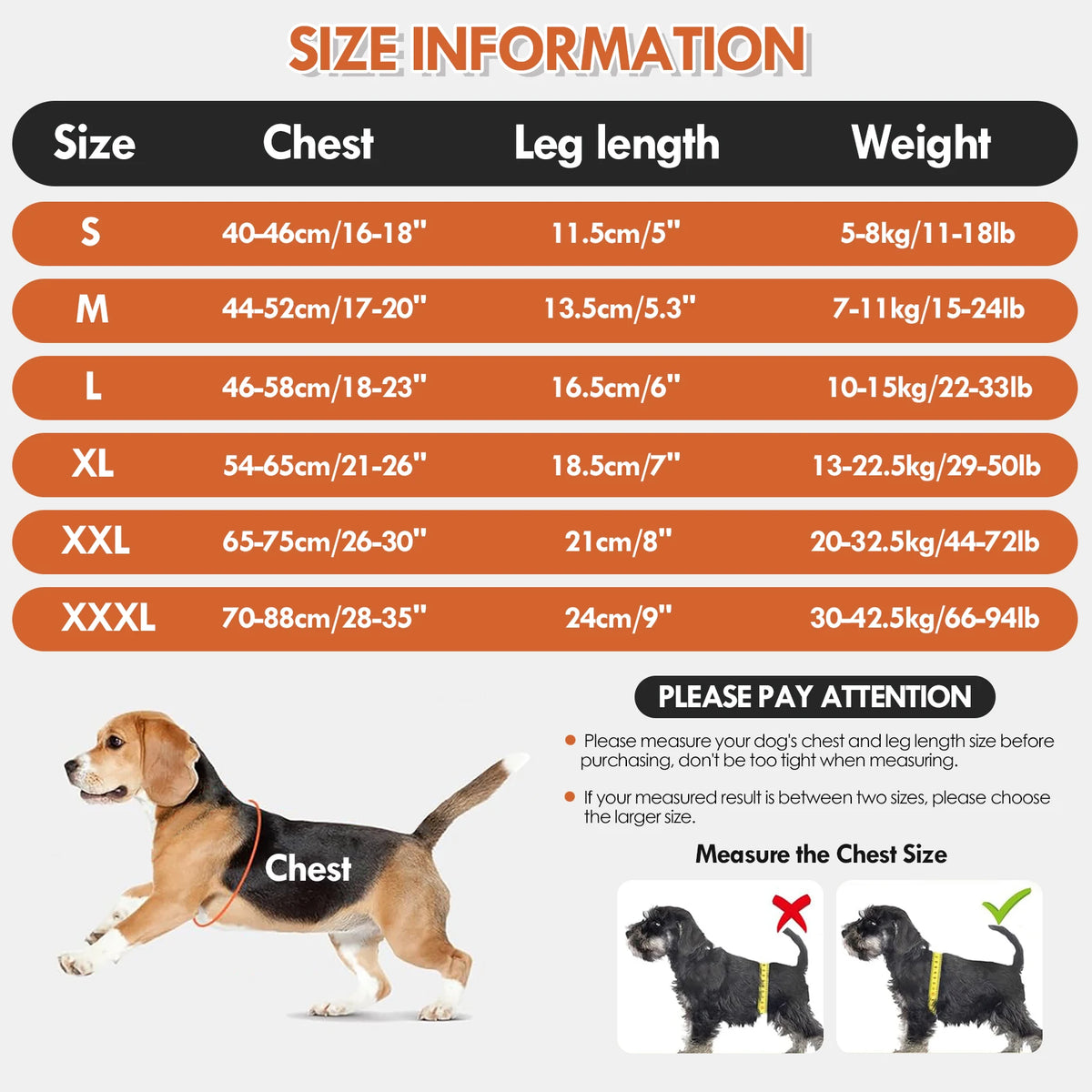 Size information chart and example of a dog wearing a chest recovery suit for leg wounds