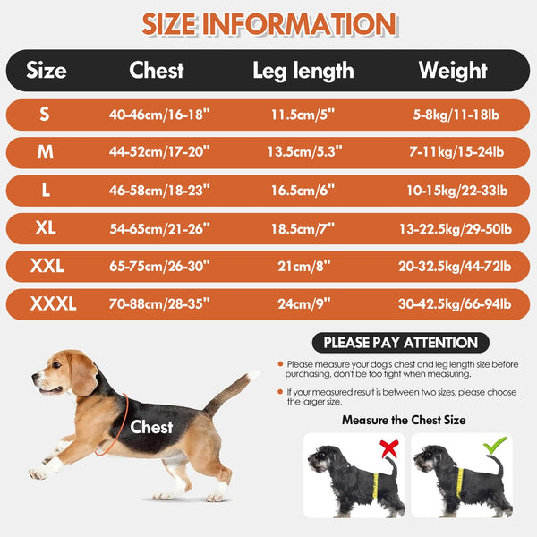 Size information chart and example of a dog wearing a chest recovery suit for leg wounds