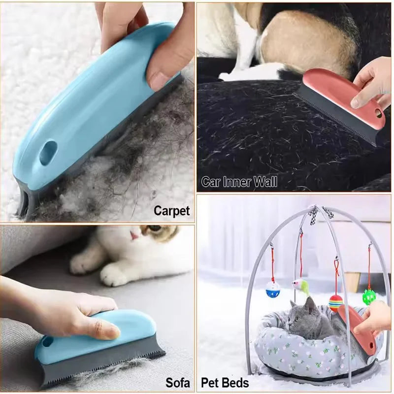 A blue pet hair remover brush is shown cleaning a car interior wall, sofa, and carpet.