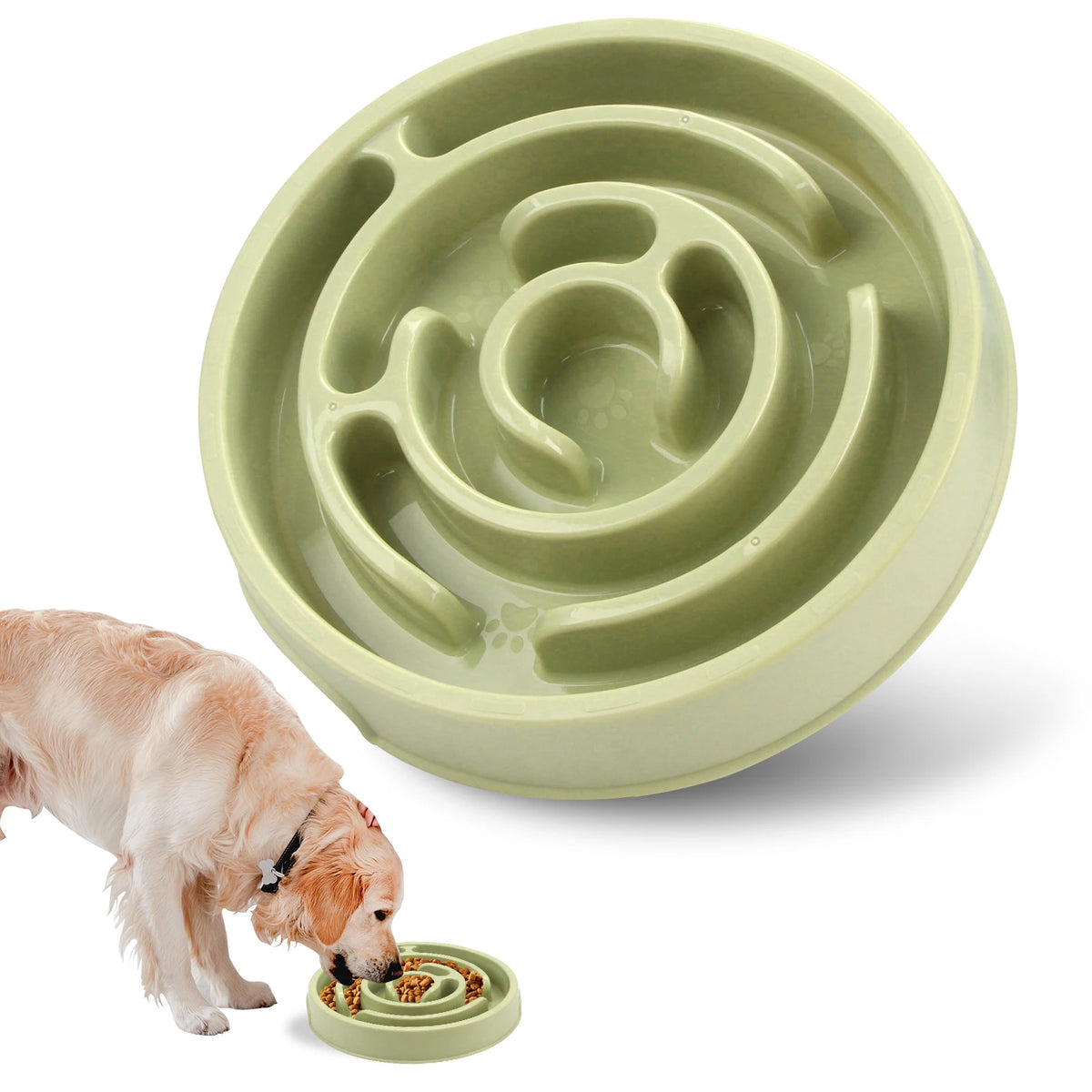 A light green anti-gulping slow feeder bowl for dogs, with a dog sniffing food from the edge.