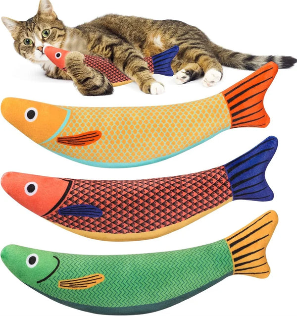 A collection of three colorful, lifelike 3D catnip fish plush toys for cats.