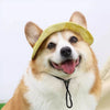 A happy Shiba Inu dog wearing a light yellow sun hat with ear holes.