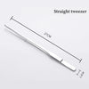 Pinza recta de acero inoxidable con 27 cm de largo y una punta de 1.2 cm.
