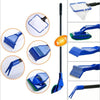 A set of five blue and green aquarium cleaning tools including a skimmer, vacuum, and various scrapers.