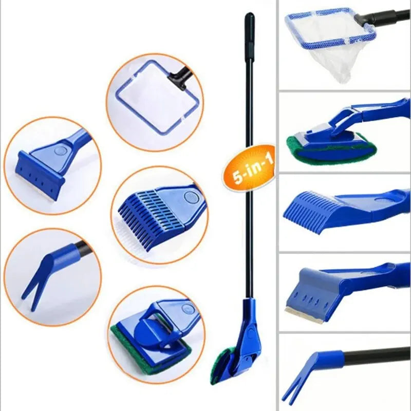 A set of five blue and green aquarium cleaning tools including a skimmer, vacuum, and various scrapers.
