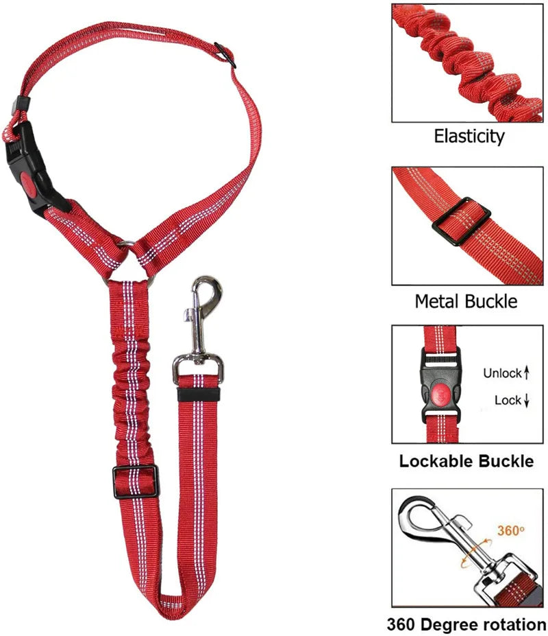 Arnés de mascota ajustable rojo con correa, hebillas metálicas y bloqueo, y función de rotación de 360 grados.