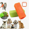 Orange silicone pet hair remover brush shown next to green and orange silicone pet grooming tools and various pets.