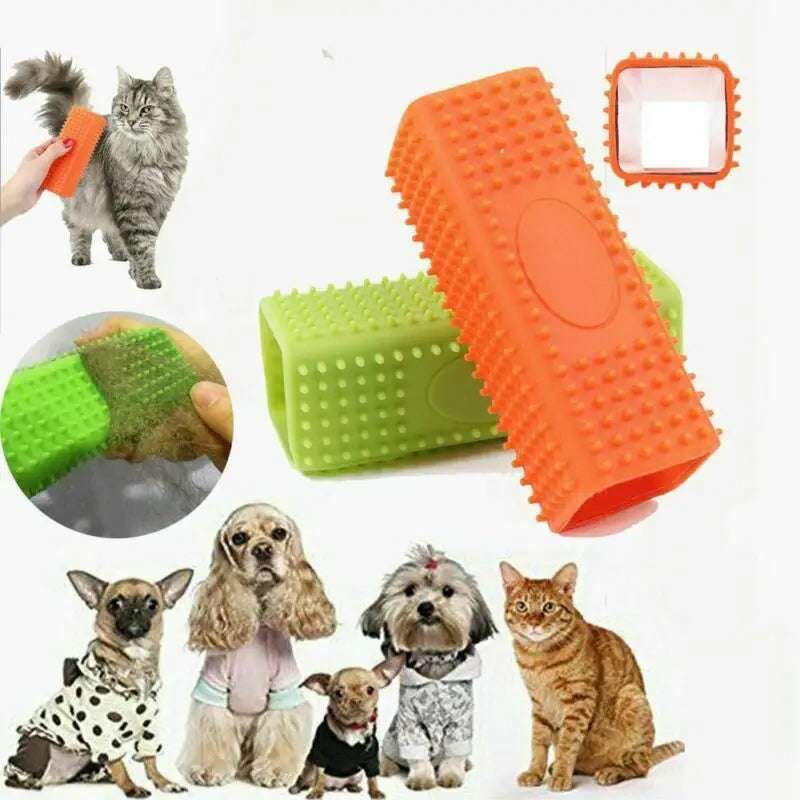 Orange silicone pet hair remover brush shown next to green and orange silicone pet grooming tools and various pets.