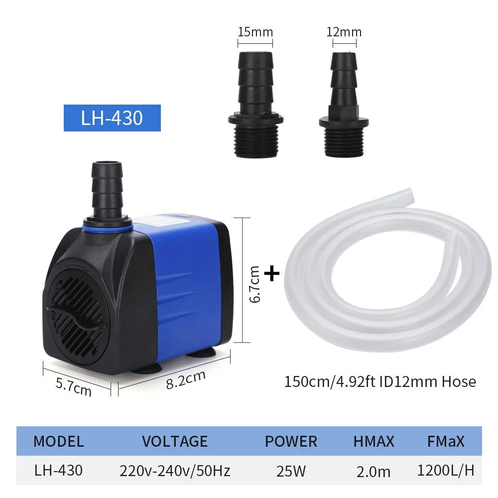 LH-430 submersible pump with accessories, including a 150cm hose and specifications.