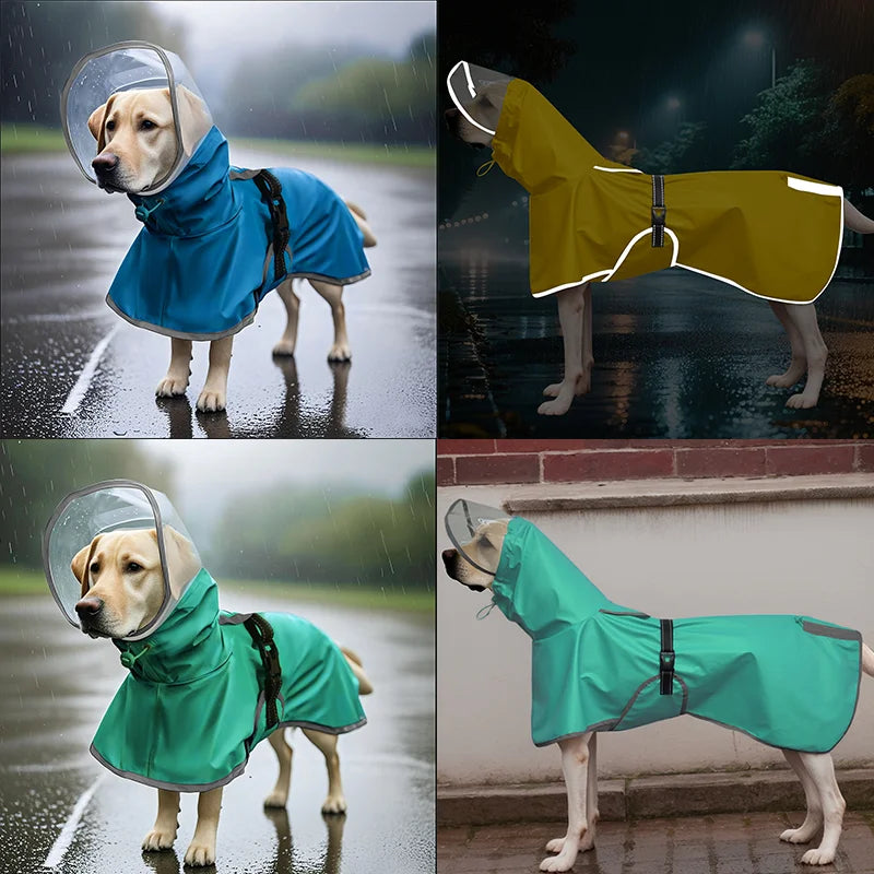 A dog wearing a bright yellow raincoat standing in the rain.