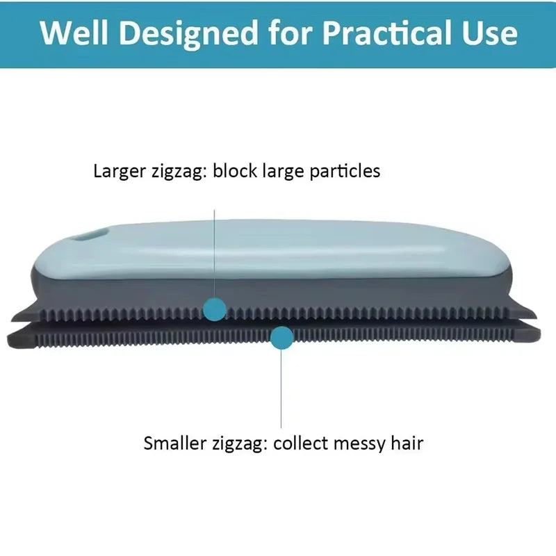 A close-up view of a reusable pet hair remover brush showing different zigzag patterns for removing large particles and messy