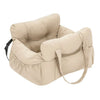 A beige durable pet car seat with safety straps shown from the side.