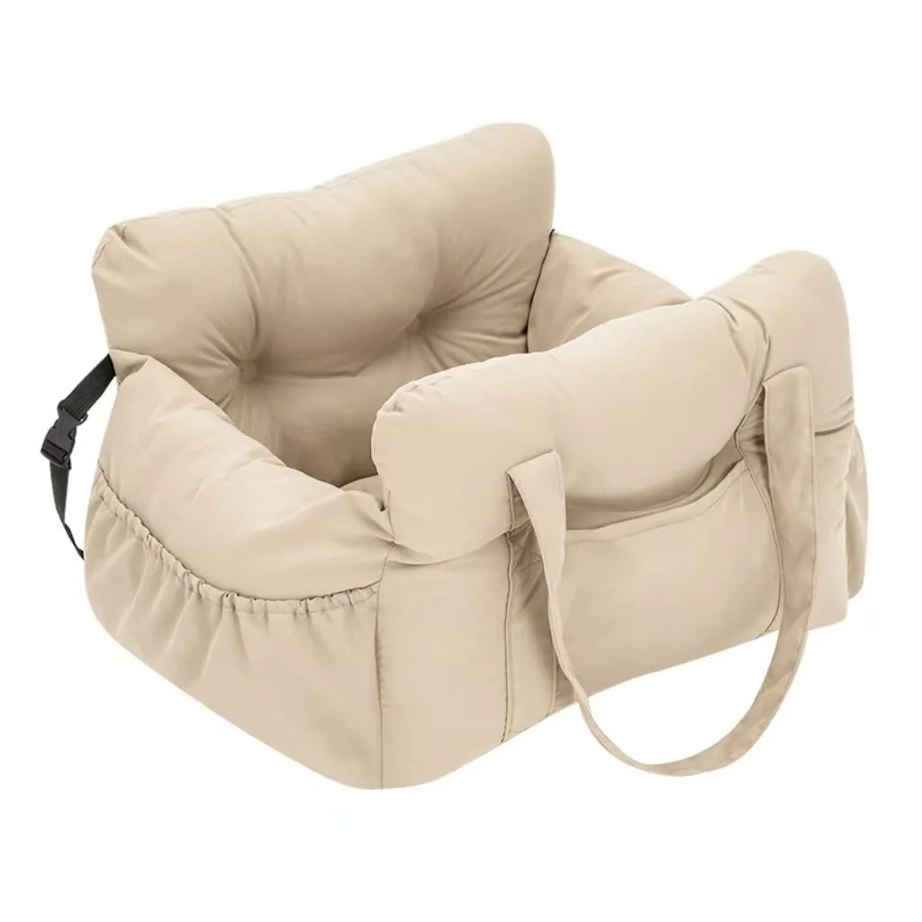 A beige durable pet car seat with safety straps shown from the side.