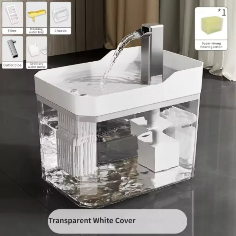 A clear water fountain with a white cover and a strong filtering cotton is shown on a dark surface.