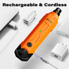 An orange rechargeable and cordless dog nail grinder tool with a battery and charging cable shown on a white surface.