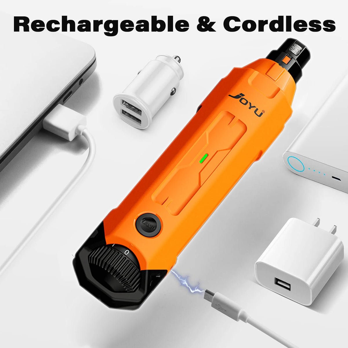 An orange rechargeable and cordless dog nail grinder tool with a battery and charging cable shown on a white surface.