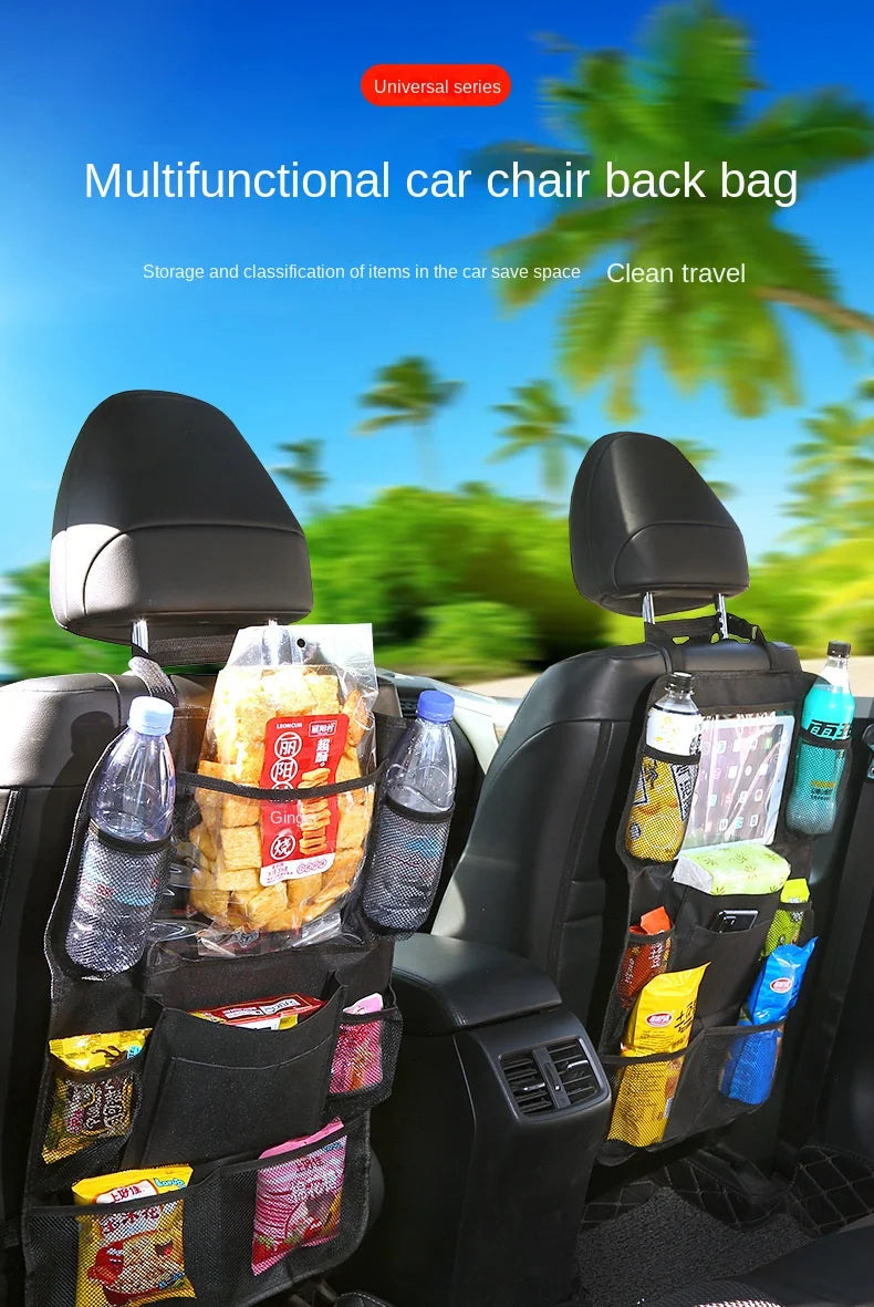 A multifunctional car chair back bag with various storage pockets and a tablet holder installed in the backseat of a car.